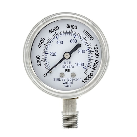 Pro 2 1/2 in Dial, 0/15,000 PSI & Bar, 1/4 in NPT, Lower Mount Dry/Fillable Pressure Gauge PRO-301D-254V-01
